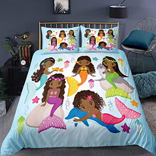 Cute-Mermaid-Bedding-Twin-Set-for-Girls-Little-Black-Girls-Mermaids-Princess-Duvet-Cover-Ocean-Theme-Comforter-Cover-Set-for-Toddler-Kids-with-1-PillowcaseNo-Comforter-Blue-Style7 5158Xsh6L7L