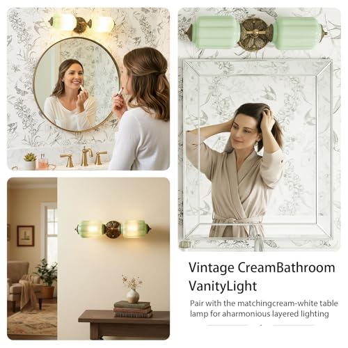 Image of Vintage Milk Glass Bathroom Vanity Light - 2-Light Wall Sconce with Brass Finish Base & Green Glass Shade - Wall Sconce Lighting for Mirror, Kitchen, Living Room, Gallery (Bulbs Included) (Green)