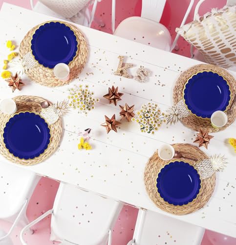 Image of HEIPINIUYE 50 Pieces Blue Paper Plates with Gold Foil 7 Inch Disposable Blue and Gold Scalloped Dinner Plates for Wedding Baby Shower Birthday Party Dessert Plate