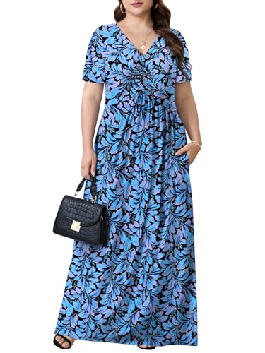 Image of PEVRL Plus Size Summer Maxi Dress for Curvy Women with Pockets 1X-5X | Short Sleeve, Twisted Front V-Neck, Summer Casual A Line Flowy Dress, Empire Waist Floral Print Beach Vacation Long Dress