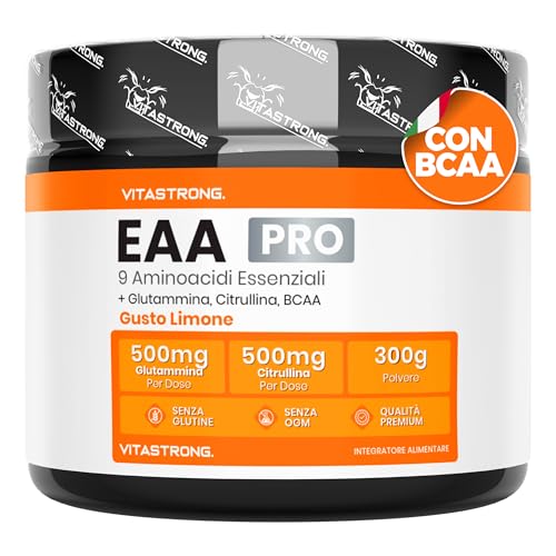 Aminoacidi Essenziali EAA PRO Vitastrong, 9 EAA Aminoacidi Essenziali Polvere 300g, BCAA Amminoacidi Ramificati, Glutammina, L Citrullina, L-Tirosina, L Lisina, L Triptofano, Metionina, Gusto Limone