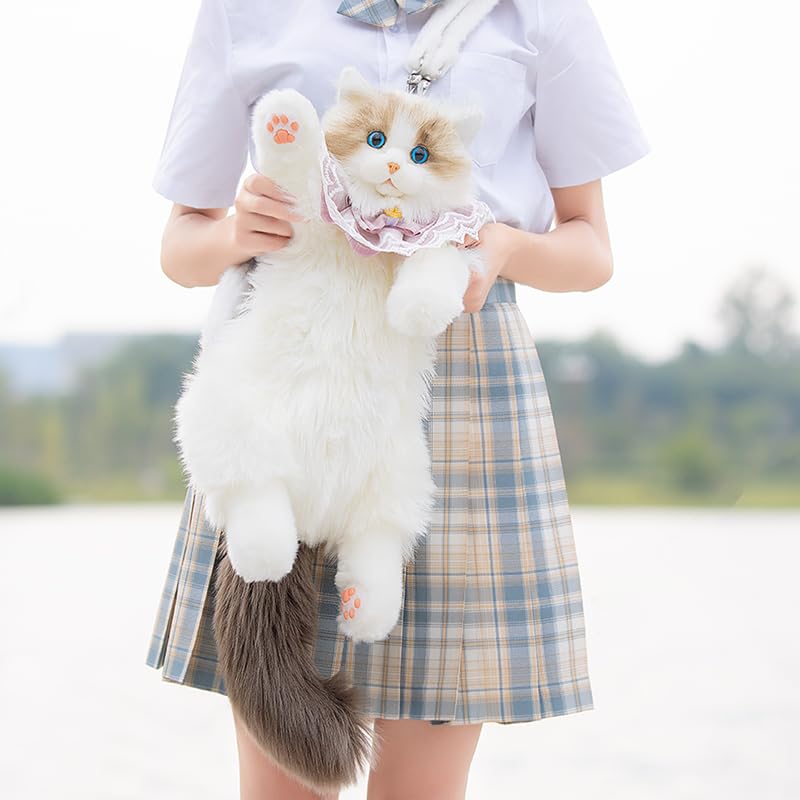 Image of Chongker Ragdoll Cat Backpack - Realistic Stuffed Animal Purse, Plush Cat Backpack for Kids & Adults, White