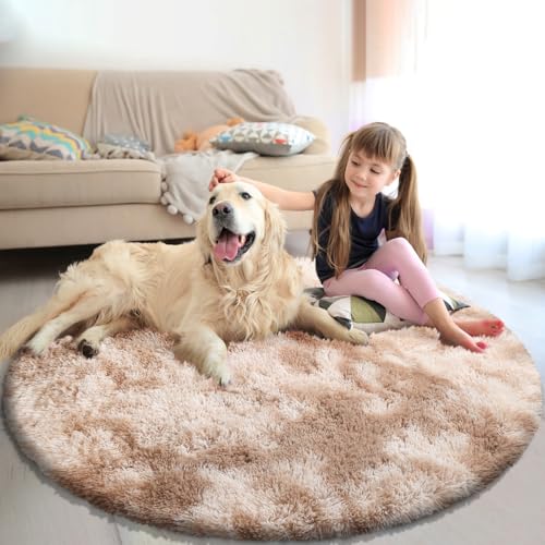 Fluffy Round Rug,Soft Area Rugs for Girls Room,Shaggy Rugs 5'X5' for Living Room,Non Slip Circle Rug for Kids Bedroom,Shag Plush Nursery Carpets,Fuzzy Rug for Dorm,Room Decor Carpet,Tie-Dyed Beige