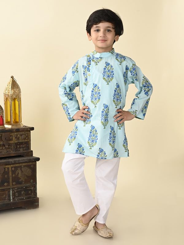 Image of superminis Boys Cotton Full Sleeves Side Open Sanganeri Printed Kurta With Pyjama Set