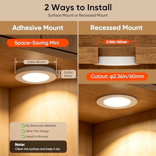 Image of VST Smart Puck Lights, 6 Pack, 3000K-6000K DimmableUnder Cabinet&Shelf Lighting, Compatible with Alexa&Google Home, App&Remote Control, 12V 2W, Recessed /Surface Mount, White for Kitchen Display Case