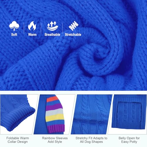 OUOBOB Hundepullover, Extra Weicher Kabelstrick Rollkragenpullover mit Bauchöffnung für Große Hunde wie Labrador oder Golden Retriever, Winterjacke, XL Blue