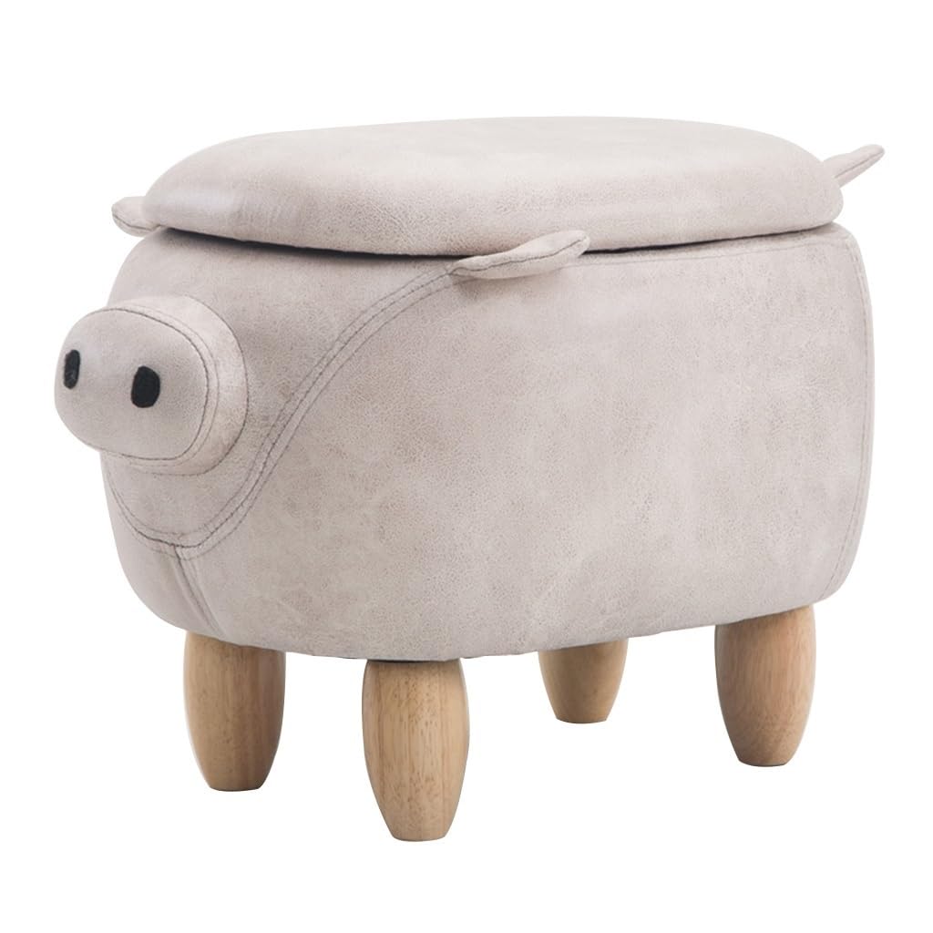 Animal Footstool Pig Shape Storage Ottoman, Wood Low Stool Shoe Stool for Bedroom,Living Room Or Entryway,Gift for Kids (Color : Beige, S : 33 * 49 * 35cm)
