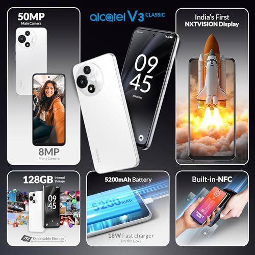 Image of Alcatel V3 Classic 5G (Halo White, 4GB+128GB) | India's 1st NXTVISION Display | 50MP AI Dual Camera | NFC, 2TB Expandable Memory | Gemini in-Built | MediaTek 6300 | with Charger