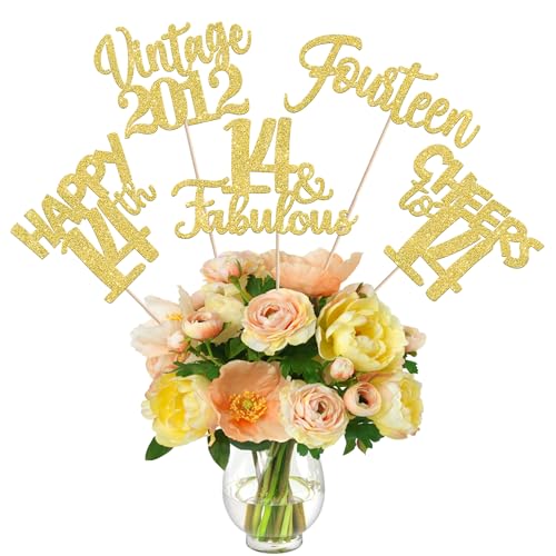Image of 15 PCS 14th Birthday Centerpiece Sticks Fourteen Happy 14 Vintage 2012 Table Flower Centerpieces Sticks Cheers to 14 Fabulous Floral Decorations for 14th Birthday Party Supplies Gold