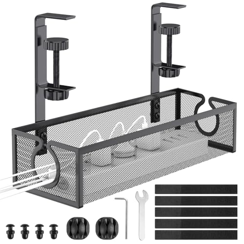 DECOHOME Bandeja de gestión de cables para debajo del escritorio, cesta de malla sin taladrar para administrar cables y regletas de alimentación, organizador de cables sin tornillos para el hogar,