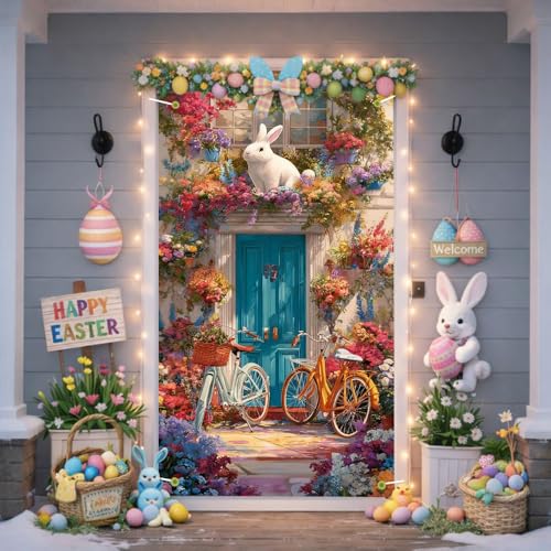 Image of Easter Door Cover Artistic Bunny Floral Banner Spring Front Door Decorations Oil Painting Style Outside Party Home Decor 35.4x71 Inch