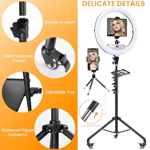 Image of 18 inch Large Ring Light with Stand, Upgraded Foldable LED Big Ringlight with 75 inch Tripod & Wheel Tray for Live Tattoo Makeup Video Recording Barber Photography