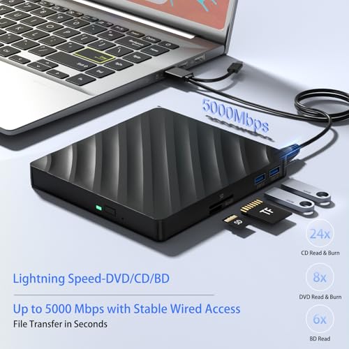 Unidad Blu Ray externa 5 en 1, reproductor Blu Ray portátil con USB 3.0 tipo C, grabadora de CD y DVD 3D Blu Ray con puerto SD/TF, unidad Blu Ray compatible con Windows Laptop Desktop, reproductor - imagen 2