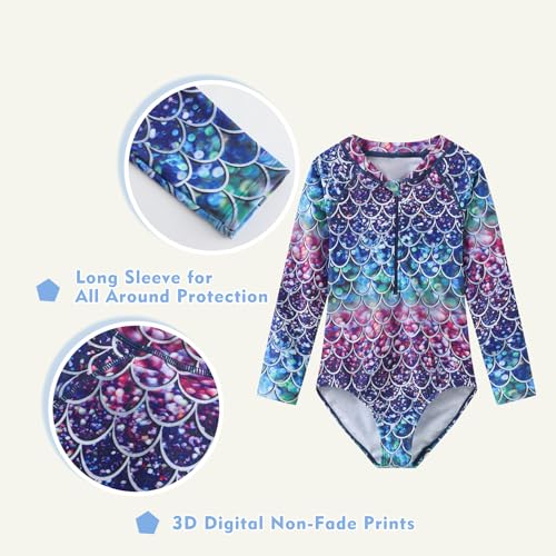 Image of Girls Long Sleeve Rash Guard One Piece Swimsuit Kids UPF 50+ Sun Protection Swimwear Rainbow Striped Bathing Suit 3-14 Years