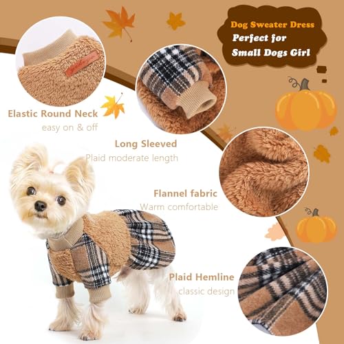 Image of Dog Sweater Dog Winter Clothes for Small Dogs Boy Girl Fall Puppy Dress Warm Fleece Chihuahua Yorkie Teacup Doggie Sweaters Dresses for Small Dogs Girl Cat Outfits, Brown Plaid, S