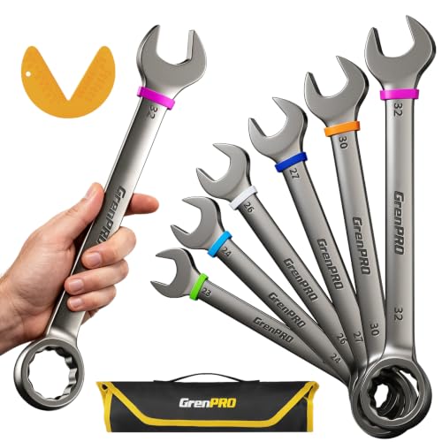 Image of GRENPRO 23-32MM Large Metric Wrench Set, Combination Open End Wrench Sets | Color Rings, Roll Up Pouch, CRV Steel, Nickel Rust-Proof Coating, Free Gauge for Quick Size Matching