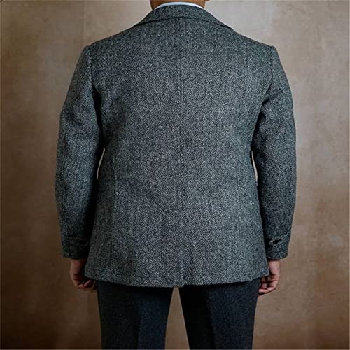 Mens Herringbone Tweed Jacket Lapel Button Down Business Formal Blazer with Pockets3