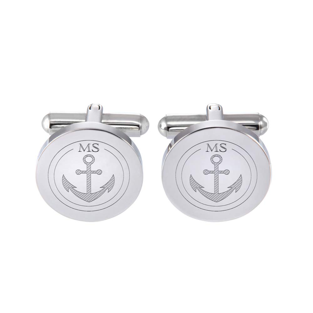 Gravado Gemelli in Acciaio Inox di forma Circolare con Incisione Personalizzata con Iniziali, Motivo Ancora, Scatola Inclusa, Idee Regalo per Lui, Accessori Uomo