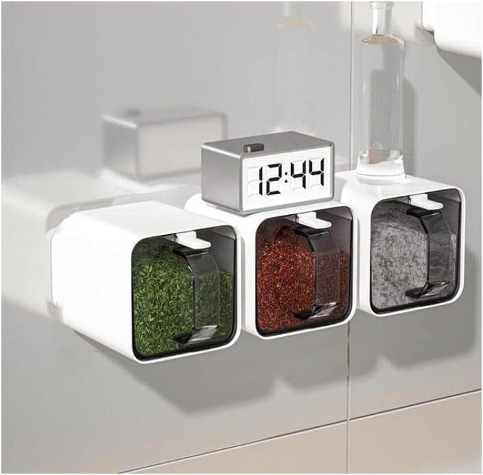 Gewürzspender, Gewürzbox, 3-in-1-Gewürzbox-Set for die Küche, Löffel, Salz, Zuckerdose, Vorratsbehälter, Gewürzgläser, Regal, an der Wand hängende Gewürztöpfe, einfach