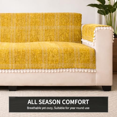 Image of STITCHNEST Woven Fabric Sofa Cover 3 Seater with 2 Hand Rest Covers - Washable Brown Sofa Cover with Tassels - Durable Premium Fabric - Stylish Sofa Protector for Living Room & Furniture Decor 4