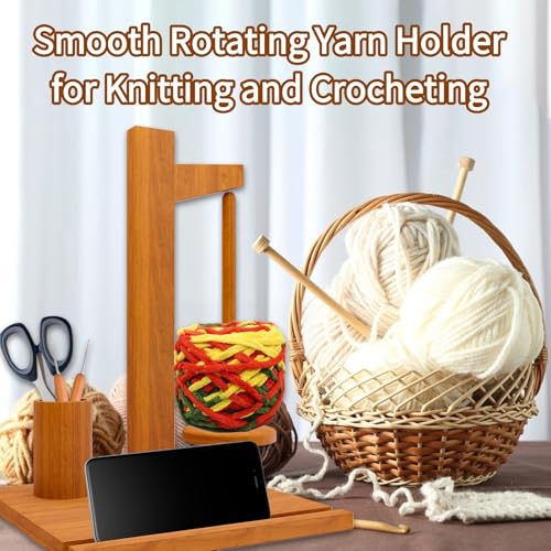 Image of Wooden Yarn Holder with Phone Stand for Crocheting and Knitting,Spindle and Yarn Holder Spinner for Easy Spinning Crochet Holder and Organizer Ideal Gift for Craft Lovers