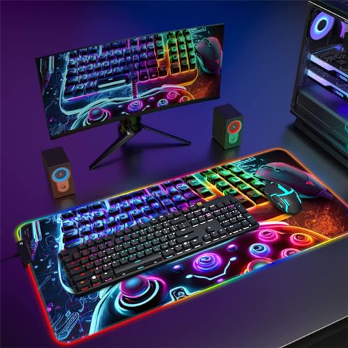 Tapis de Souris de Jeu RGB Grand Tapis de Souris de Jeu LED 14 Modes d'éclairage 7 Couleurs Surface étanche Clavier étendu Tapis de Souris pour Ordinateur Gamer Gaming néon 35 x 60 cm
