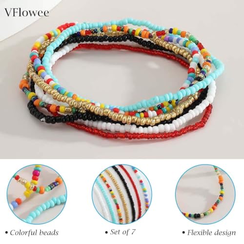 Boho Handmade Beaded African Anklets Multicolor Women Stretch Seed Beads Rainbow Ankle Bracelets Glass Bead Bracelet Elastic Foot and Hand Chain Jewelry (7PCS)3