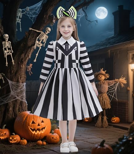Disfraz de Halloween para niñas vestido rayas negro y blanco miniatura 3