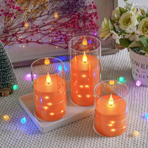 Image of Da by Flickering Flameless Candles with Remote,Acrylic LED Candles with Embedded Star String,Battery Operated Candle, for Home and Holiday Decoration Set of 3(Orange) (Pack of 2)