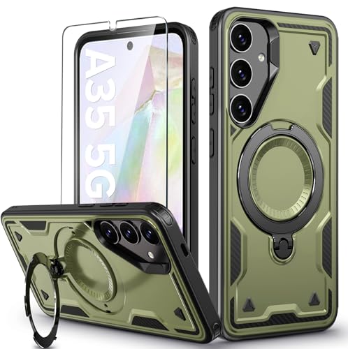 for Samsung Galaxy A35 Case Magnetic with Stand, with Mag-Safe, with Screen Protector, Wireless Charging, Shockproof for Samsung A35 5G Phone Case, Ring Holder Cover, for Samsung A35 Green