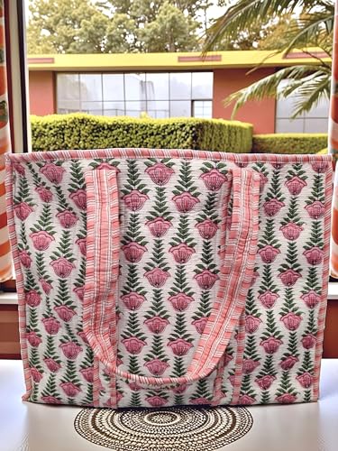 Image of Cotton Tiger Block Print Tote Bag, Indian Handmade Shopping Shoulder Bag, Unisex Market Daily Use