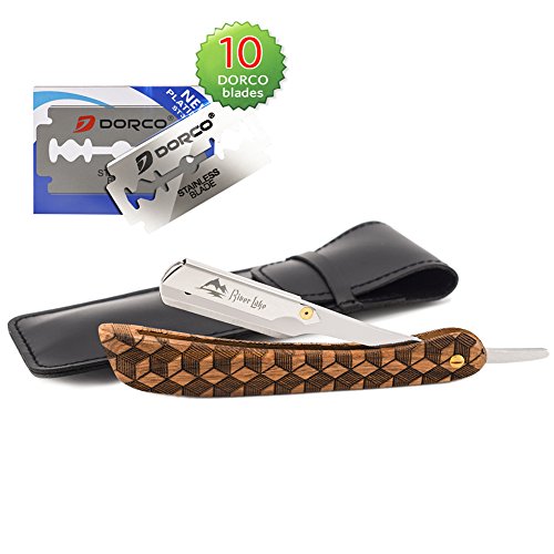 Professional Straight Edge Barber Shaving Razor, RIVER LAKE RZ1300 Vintage Style Pure Wood Handle Straight Edge Classic Folding Barber Shaving Razor With Genuine Leather Carrying Case(Black)