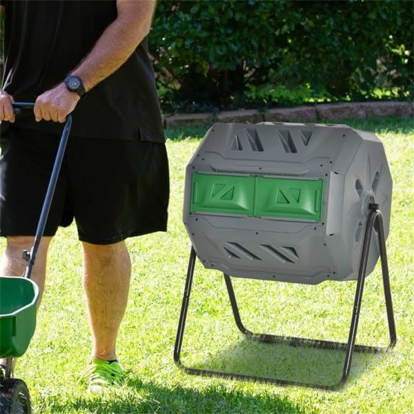 43 Gallon Dual Chamber Compost Tumbler, 360° Rotating Outdoor Garden Composter Bin with Sliding Doors, Large Aerating Compost Barrel with Sturdy Steel Stand for Kitchen & Yard Waste Recycling (Gray)
