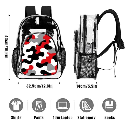 Waterproof See Through Plastic Backpacks, Casual Fashion Clear Bags Military Red Camo Army Camouflage for Women and Men Work, Office, Beach, Travel Use3