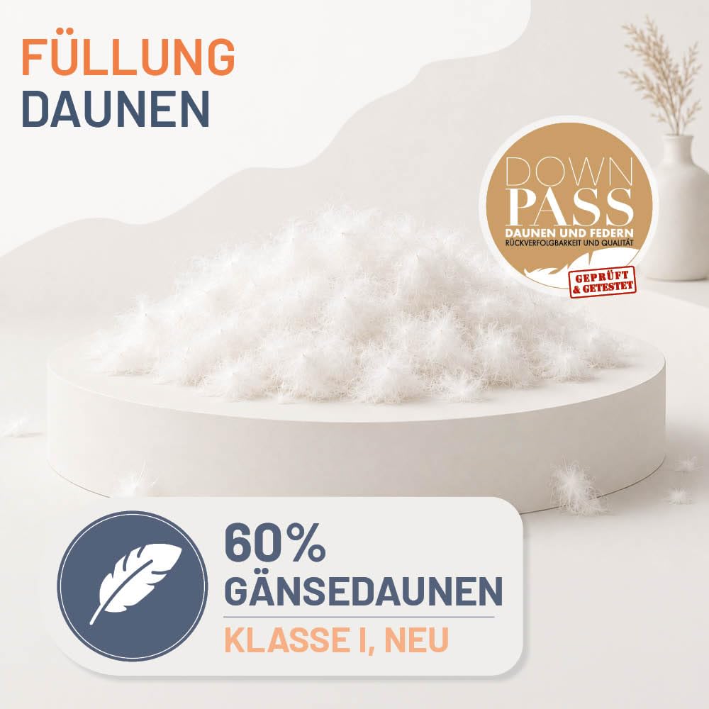 Gänsedaunenkissen 80x80 cm, First Class, Made in Germany | 60% Gänsedaunen / 40% Gänsefedern, Allergiker Kissen, für Rücken-, Seiten- und Bauchschläfer, 100% Baumwolle, OEKO-TEX