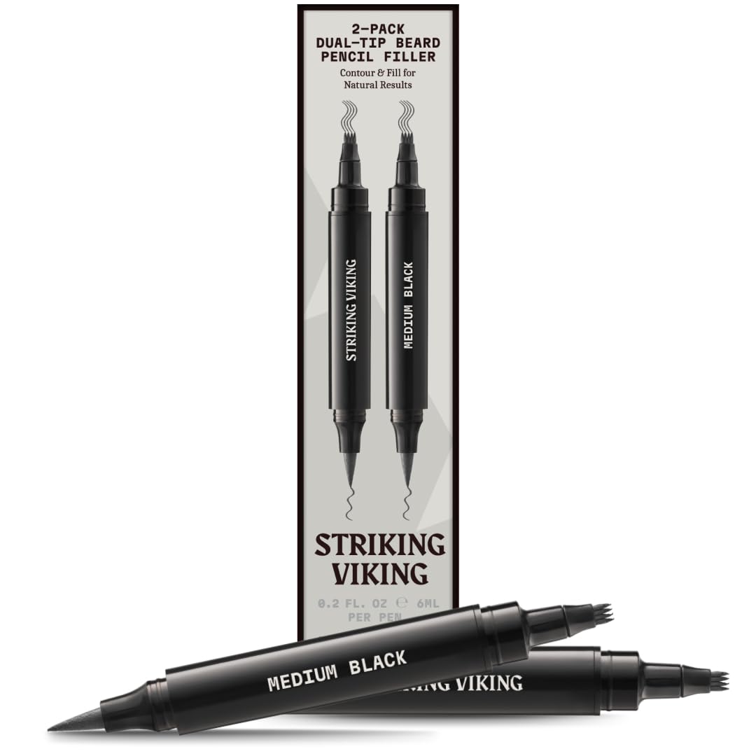 Striking Viking Beard Pencil Filler, nero medio – Set di matite da barba impermeabile, realistica e durevole con 2 penne e pennelli, migliora i peli del viso