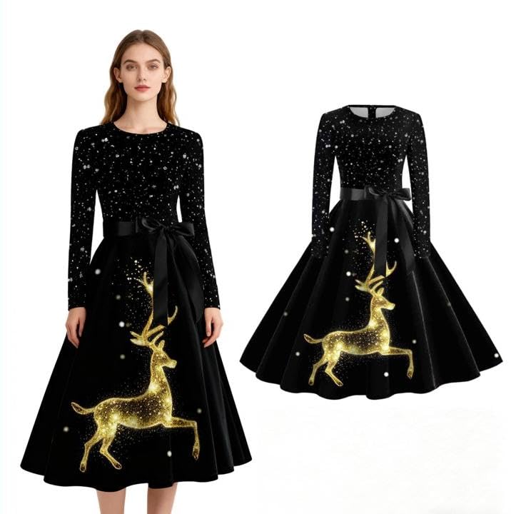 Generisch weihnachtskleidung Damen festlich lustig, Rockabilly Kleider Vintage Partykleid Festlich Mit Lustig Weihnachtsmotiv Cocktailkleid...
