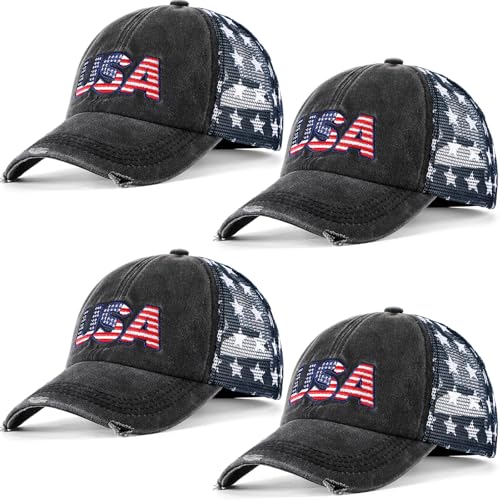 Image of Hercicy 4 Pieces American Flag Hat USA Hat for Men Patriotic Hats Baseball Cap Unisex Vintage Embroidery Cotton Cap Adjustable for Men Women Black