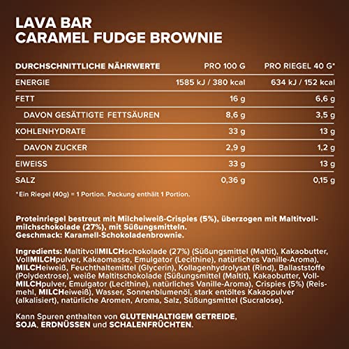 IronMaxx Lava Protein Bar - Caramel Fudge Brownie - 18x40g | High Protein Riegel mit cremigem Kern & Erdnuss-Karamell-Topping | Zuckerarm & ohne Palmöl 4