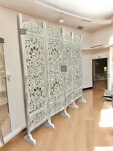 Image of Wooden Room Partition and Folding Privacy Screens for Bedroom Home Office Room Divider Room Partition (6 Feet 4 Panel Each Panel Size 72X20 Inch Golden Shading with Stand