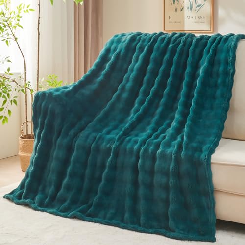 NEWCOSPLAY Throw Blanket for Couch Dark Teal Super Soft Flannel Fleece 3D Bubble Lightweight Bed Blanket All Season Use (Dark Teal Throw(50x60))