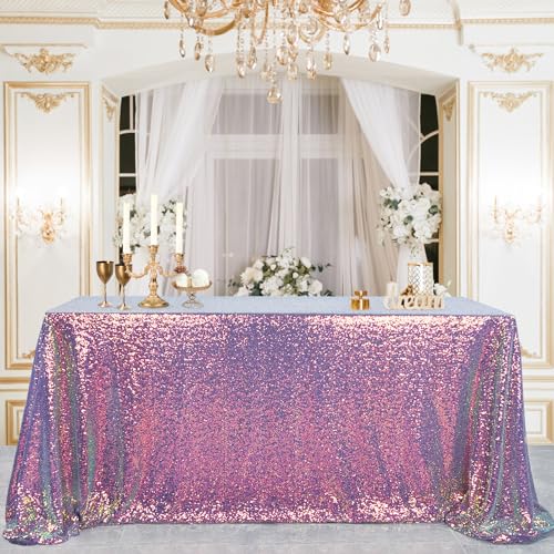Image of B-COOL Sequin Tablecloth for Parties Decoration 50x50 Inch Rectangle Table Topper Overlay Sparkle Shimmer Table Cloth for Baby Shower Bridal Birthday Frozen Banquet Iridescent Purple