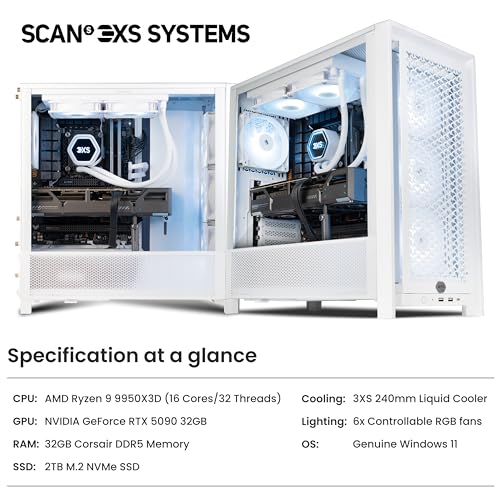 3XS Melius Liquid Cooled Gaming PC | RTX 5090 32GB | Ryzen 9 9950X3D 16-Core | 32GB RAM | 2TB M.2 SSD | Dynamic RGB Lighting | WiFi | Streaming Ready | Windows 11