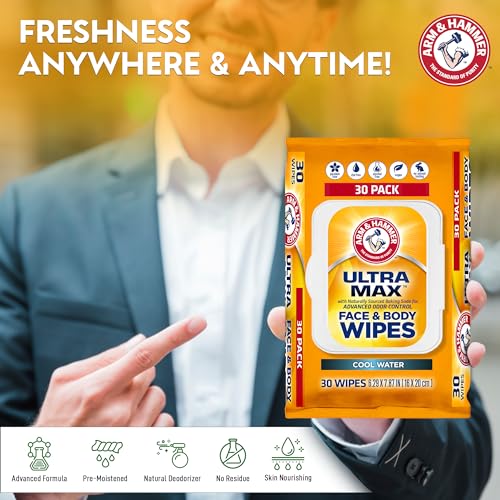 Image of Arm and Hammer Face and Body Wipes for Adults - Deodorant Towelettes 30 Wipes for Men - Shower Sheets for Traveling, Camping, Gym, and Bathing - Alcohol-Free Face Sheets (Cool Water)