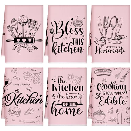 Bencailor 6 Pcs Pink Kitchen Towels Decorative Sets Dish Towels Absorbent Fast Drying Hand Tea Vintage Hanging Reusable Cleaning Dishcloths for Cooking Farmhouse Bathroom Accessory