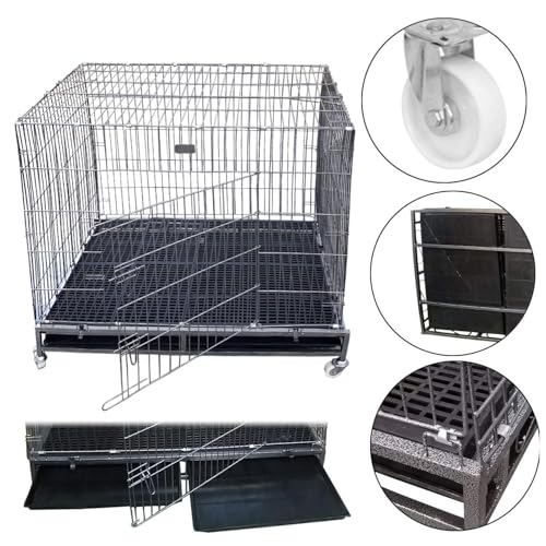 Image of Petarchi Heavy Duty 49 Inch Dog Crate Cage with Wheels & Divider | Foldable Metal Dog Kennel for Medium & Large Dogs | Double Door Locking Crate | Portable Dog Cage with Tray (49X36.5X53 in, Black)
