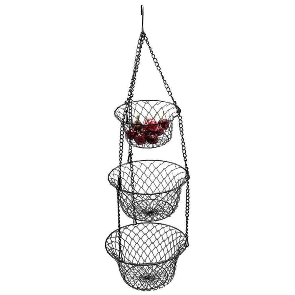 Cesta colgante para verduras de 3 pisos en alambre para almacenamiento de cocina