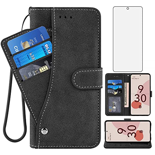 Asuwish Compatible with Google Pixel 6A 5G 2022 Wallet Case and Tempered Glass Screen Protector Lanyard Flip Cover Credit Card Holder Stand Cell Accessories Phone Cases for Pixel6A A6 Women Men Black