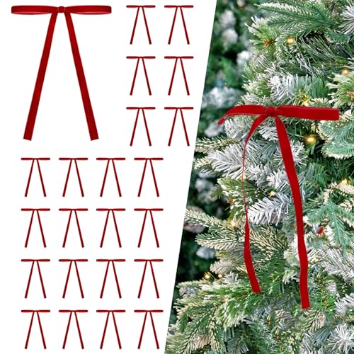 Image of 24 Pcs Red Velvet Bows Ornaments for Christmas Tree, Vintage Rustic Elegant Velvet Christmas Bows Tree Decorations, Indoor Home Decor for Wreath Mantle Gift Wrap Holiday Decor, 3 /8'' W, 5 * 7 inch