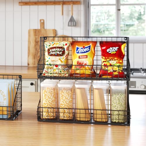 X-cosrack 3 Tier Large Stackable Snack Organizer - Versatile Wall Mounted Wire Storage Basket with Divider for Candy Chip Cans Bars - Ideal for Pantry Office Home - Image 5